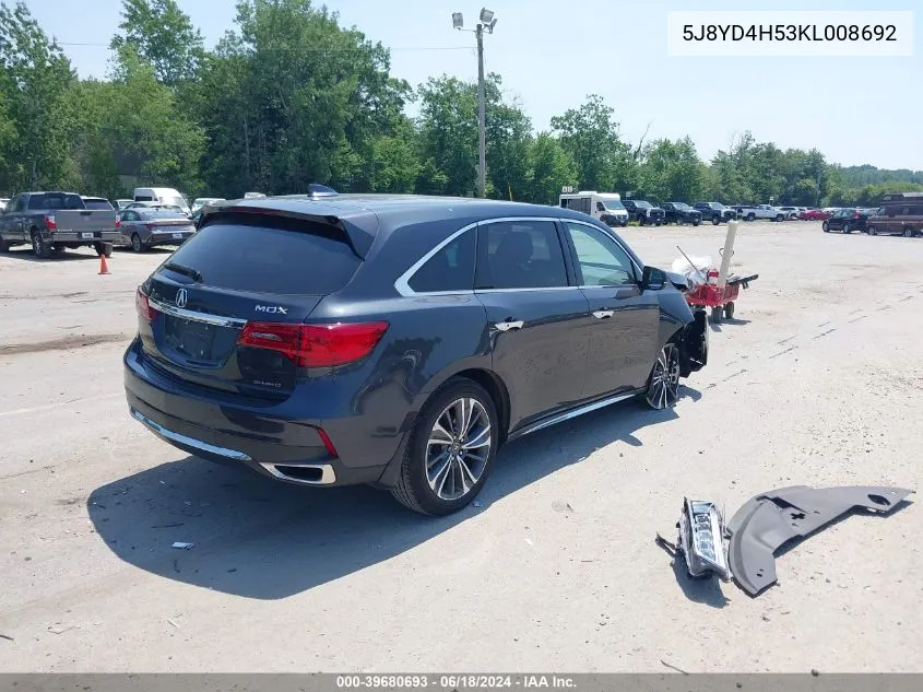 2019 Acura Mdx Tech Pkg VIN: 5J8YD4H53KL008692 Lot: 39680693