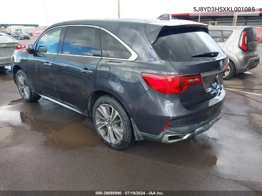 2019 Acura Mdx Tech Pkg VIN: 5J8YD3H5XKL001085 Lot: 39898990