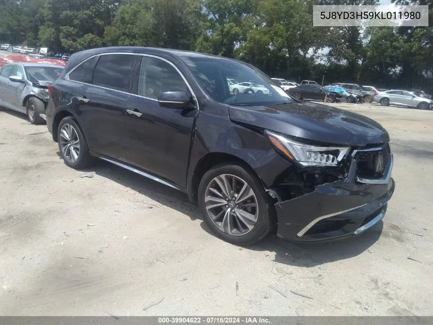 2019 Acura Mdx Tech Pkg VIN: 5J8YD3H59KL011980 Lot: 39904622