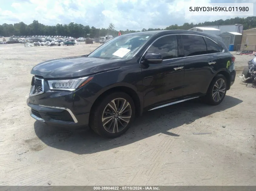 2019 Acura Mdx Tech Pkg VIN: 5J8YD3H59KL011980 Lot: 39904622