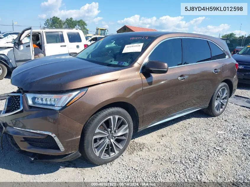 2019 Acura Mdx Tech Pkg VIN: 5J8YD4H59KL012598 Lot: 40101928