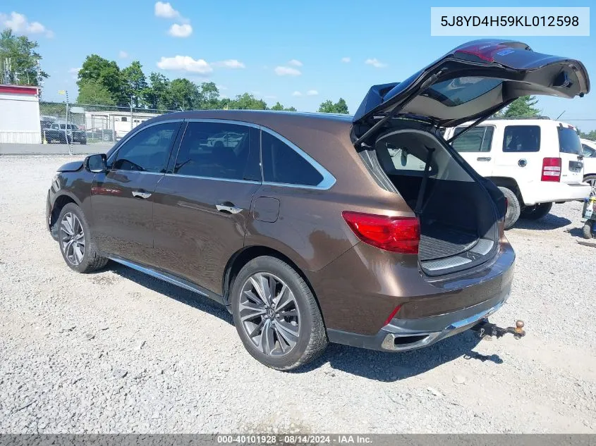 2019 Acura Mdx Tech Pkg VIN: 5J8YD4H59KL012598 Lot: 40101928