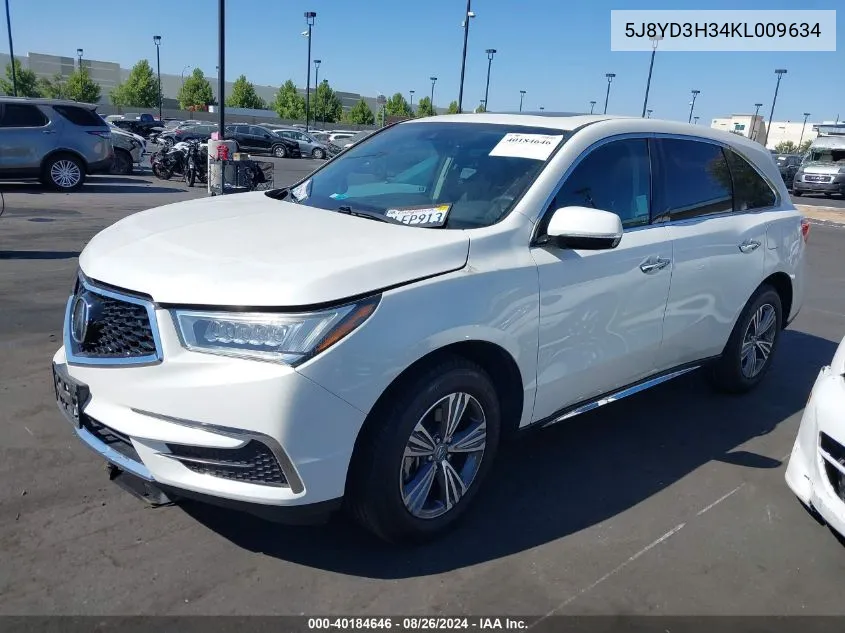 2019 Acura Mdx Standard VIN: 5J8YD3H34KL009634 Lot: 40184646