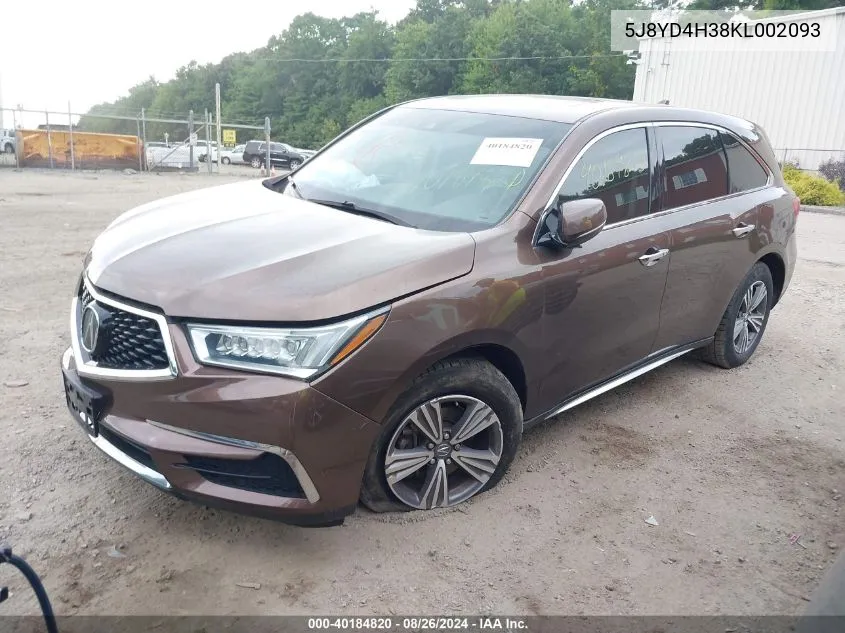 2019 Acura Mdx Standard VIN: 5J8YD4H38KL002093 Lot: 40184820