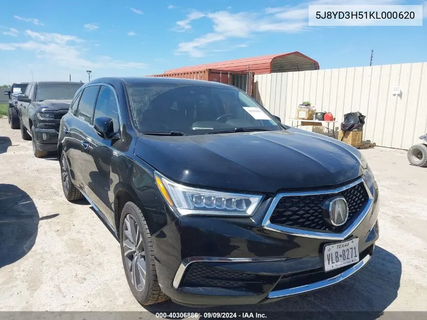 2019 Acura Mdx Tech Pkg VIN: 5J8YD3H51KL000620 Lot: 40306886