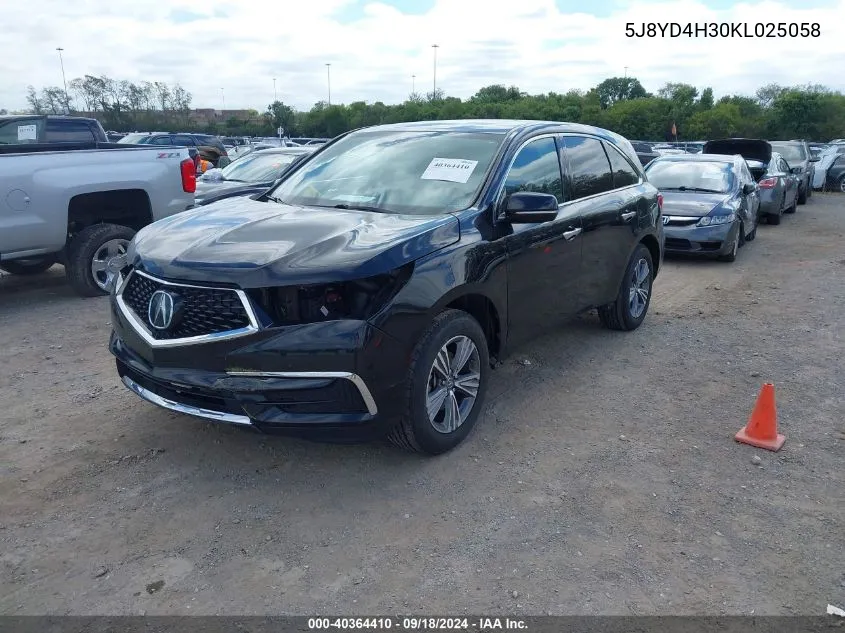 2019 Acura Mdx Standard VIN: 5J8YD4H30KL025058 Lot: 40364410