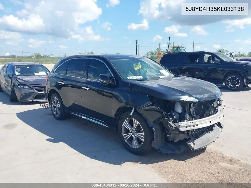 2019 Acura Mdx Standard VIN: 5J8YD4H35KL033138 Lot: 40404312