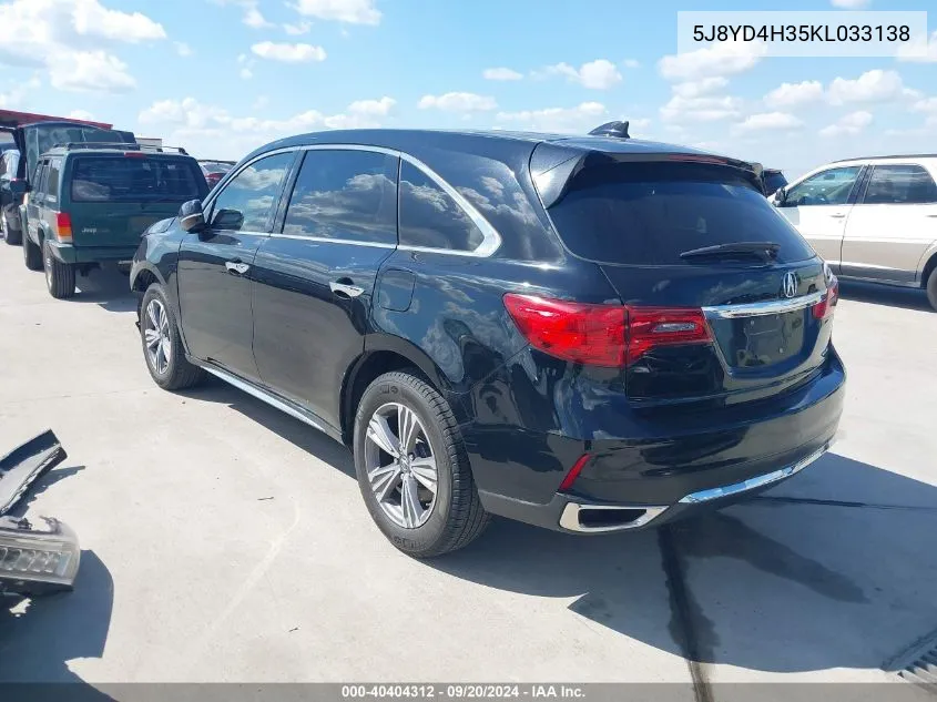 2019 Acura Mdx Standard VIN: 5J8YD4H35KL033138 Lot: 40404312