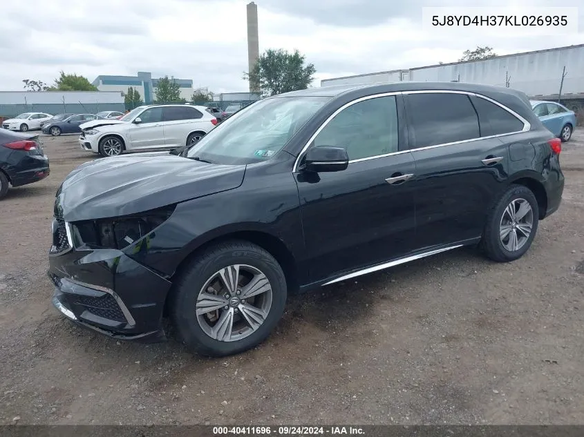 2019 Acura Mdx Standard VIN: 5J8YD4H37KL026935 Lot: 40411696