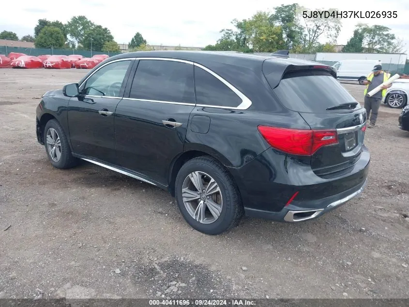 2019 Acura Mdx Standard VIN: 5J8YD4H37KL026935 Lot: 40411696