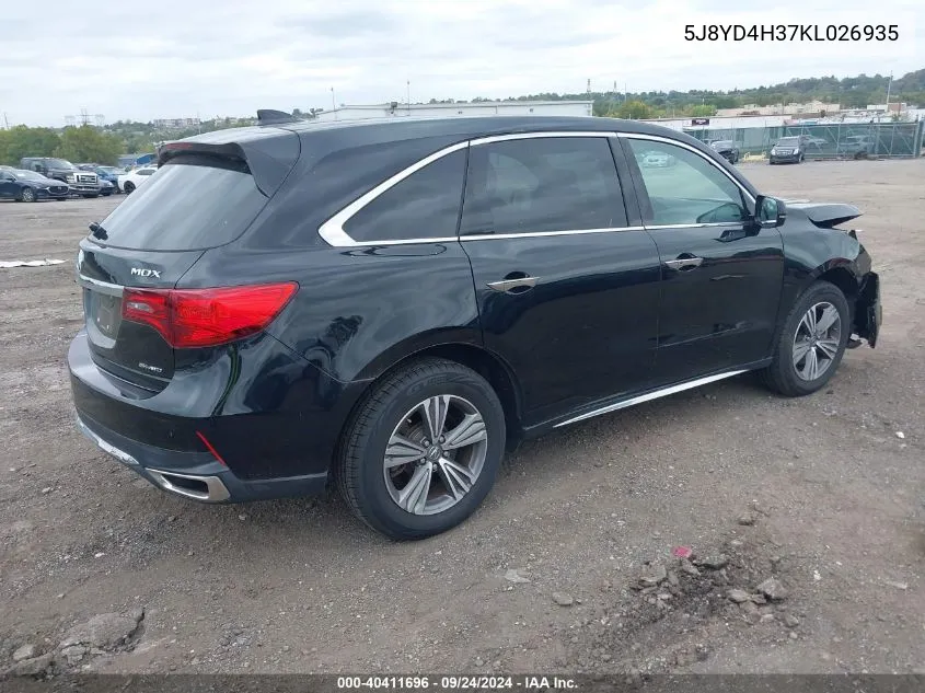 2019 Acura Mdx Standard VIN: 5J8YD4H37KL026935 Lot: 40411696