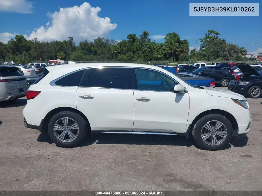 2019 Acura Mdx VIN: 5J8YD3H39KL010262 Lot: 40475886