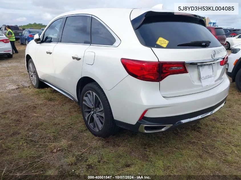 2019 Acura Mdx Technology VIN: 5J8YD3H53KL004085 Lot: 40501547