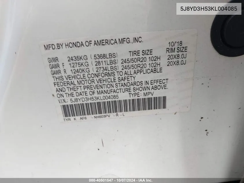 5J8YD3H53KL004085 2019 Acura Mdx Technology