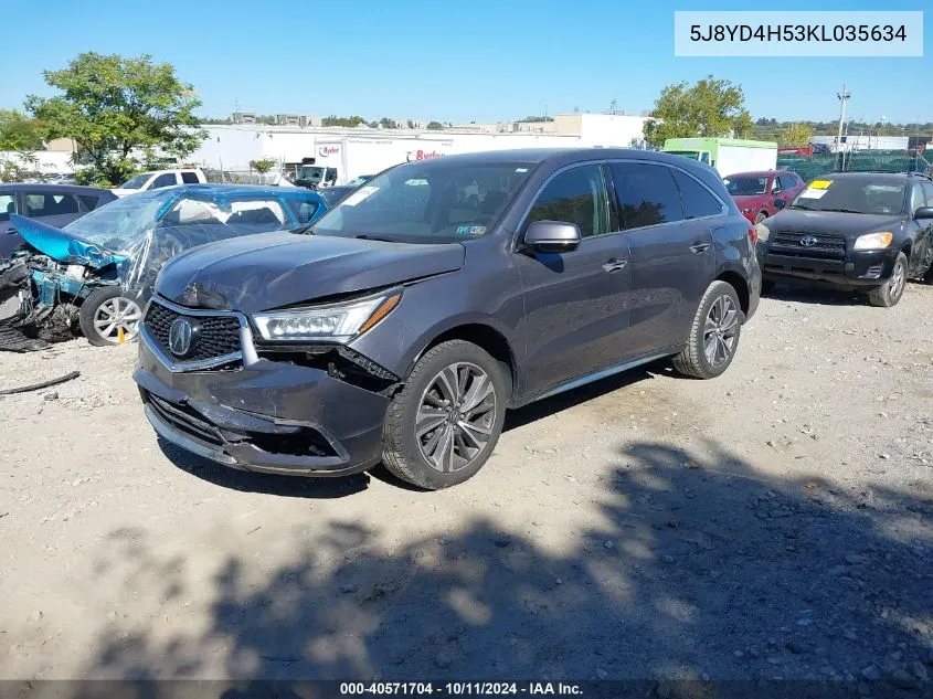 2019 Acura Mdx Tech Pkg VIN: 5J8YD4H53KL035634 Lot: 40571704