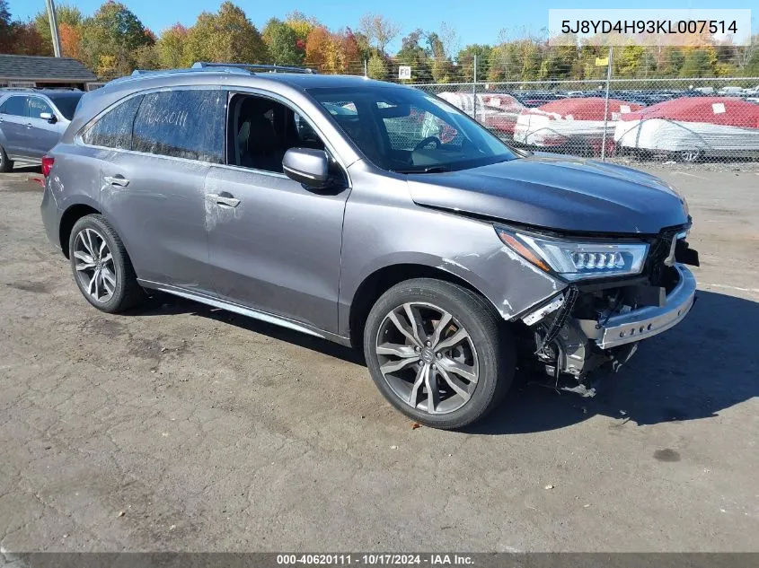 2019 Acura Mdx Advance Entertainment Pkgs VIN: 5J8YD4H93KL007514 Lot: 40620111