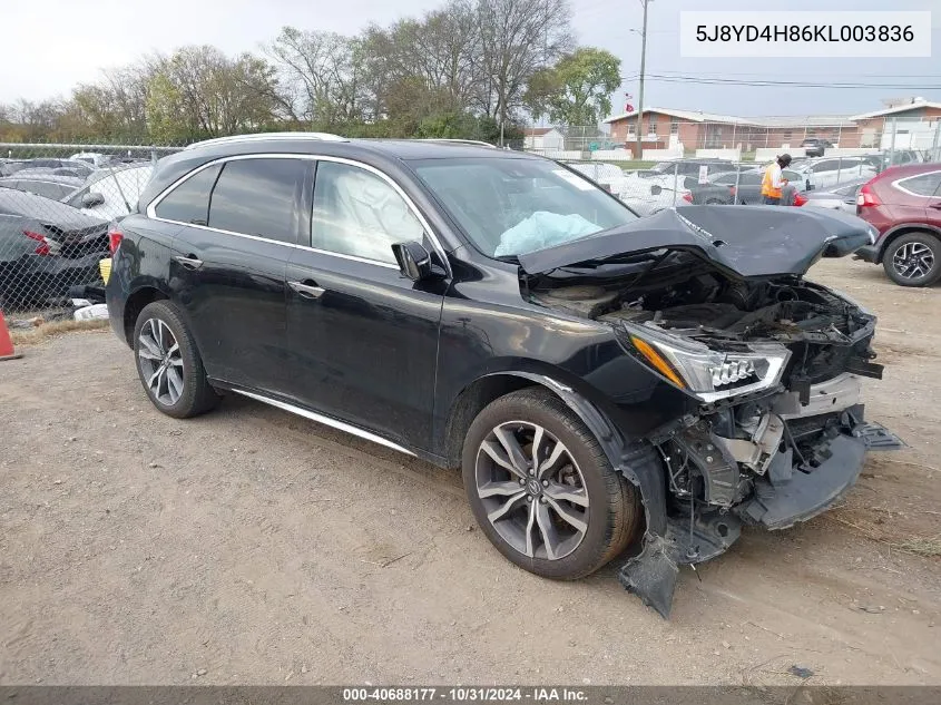 2019 Acura Mdx Advance Pkg VIN: 5J8YD4H86KL003836 Lot: 40688177