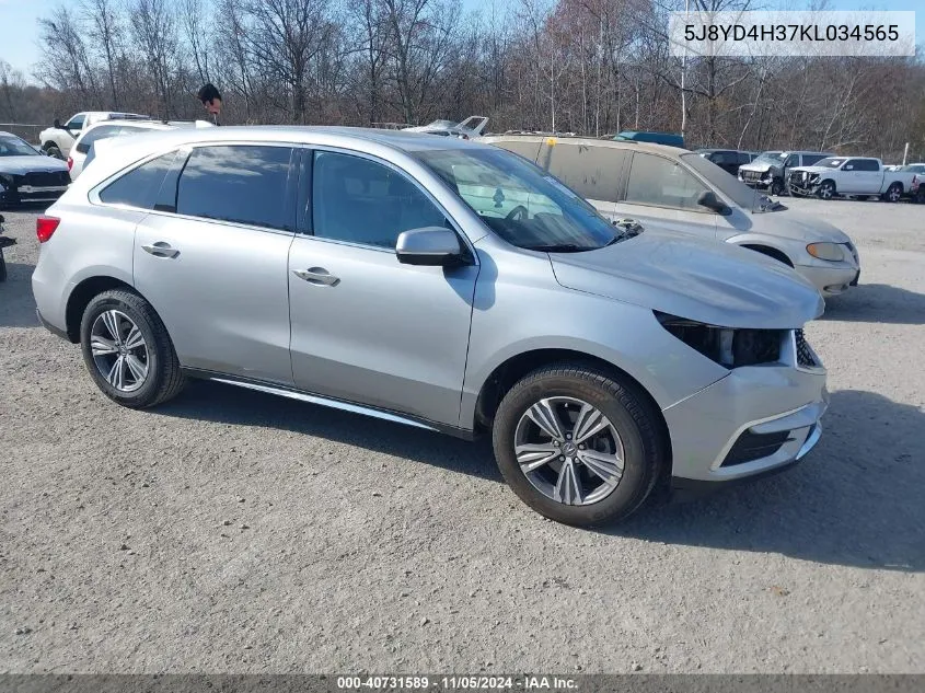 2019 Acura Mdx Standard VIN: 5J8YD4H37KL034565 Lot: 40731589