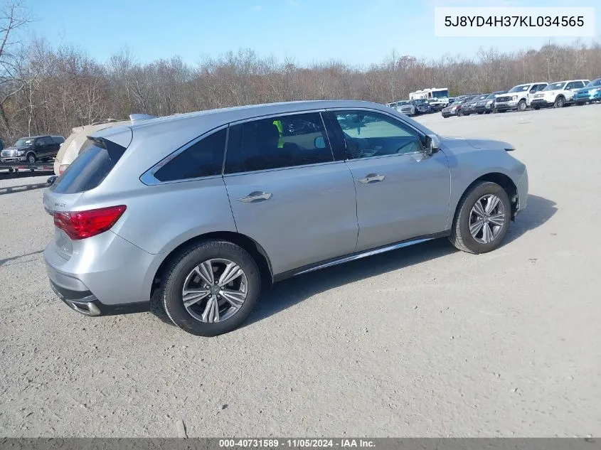 2019 Acura Mdx Standard VIN: 5J8YD4H37KL034565 Lot: 40731589