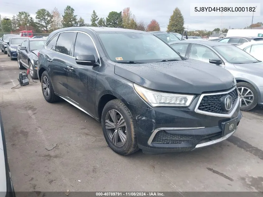 2019 Acura Mdx Standard VIN: 5J8YD4H38KL000182 Lot: 40789791