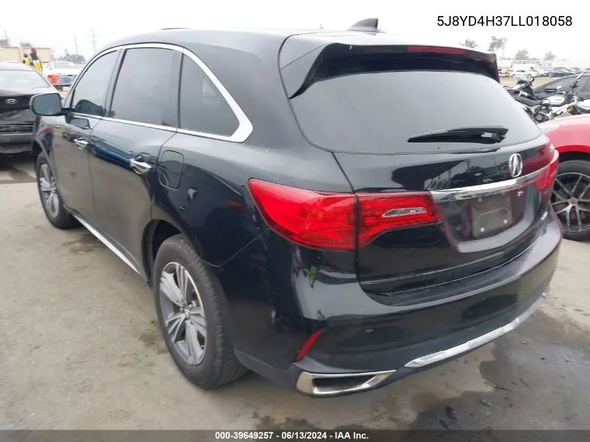 2020 Acura Mdx Standard VIN: 5J8YD4H37LL018058 Lot: 39649257