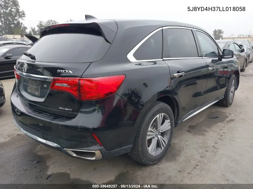 2020 Acura Mdx Standard VIN: 5J8YD4H37LL018058 Lot: 39649257