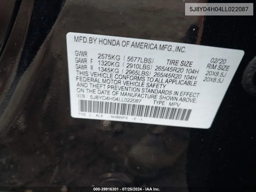 5J8YD4H04LL022087 2020 Acura Mdx Technology A-Spec Packages