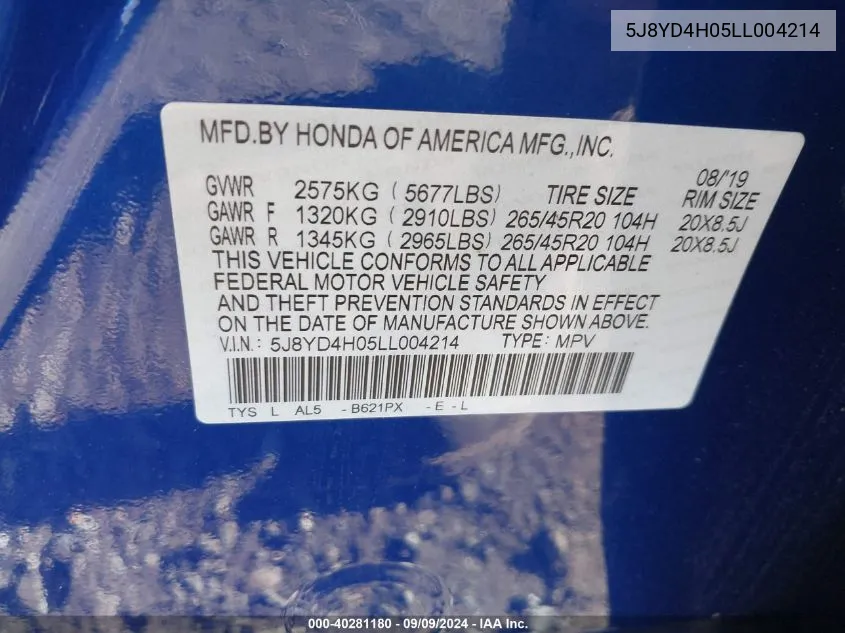 5J8YD4H05LL004214 2020 Acura Mdx Technology A-Spec Packages