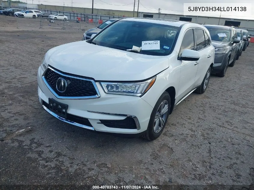 2020 Acura Mdx Standard VIN: 5J8YD3H34LL014138 Lot: 40783743