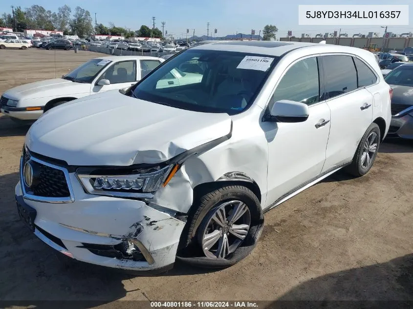 2020 Acura Mdx Standard VIN: 5J8YD3H34LL016357 Lot: 40801186