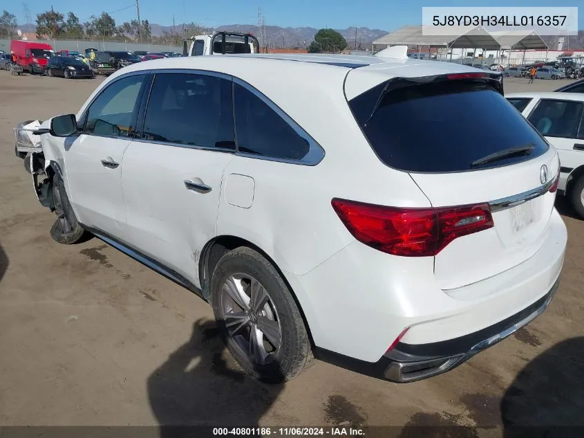 2020 Acura Mdx Standard VIN: 5J8YD3H34LL016357 Lot: 40801186