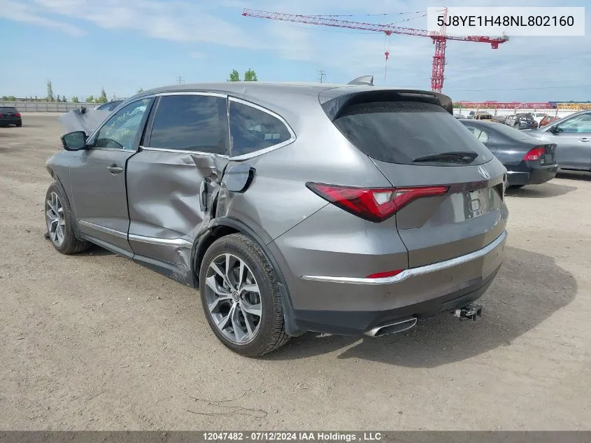 2022 Acura Mdx VIN: 5J8YE1H48NL802160 Lot: 12047482