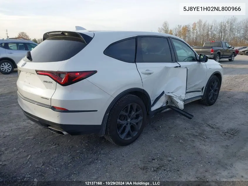 2022 Acura Mdx VIN: 5J8YE1H02NL800966 Lot: 12137168