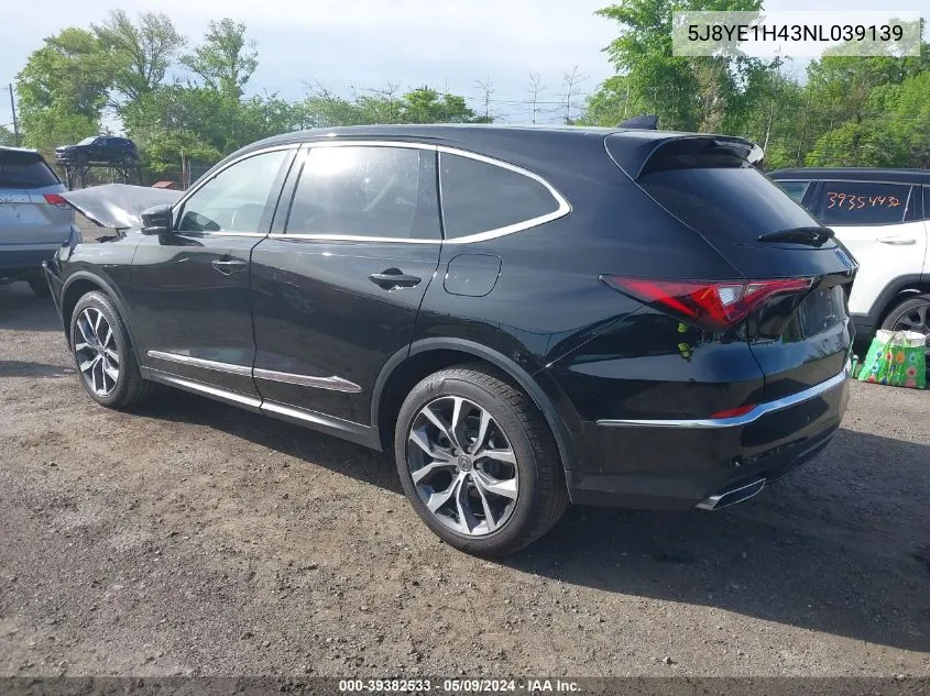 2022 Acura Mdx Technology Package VIN: 5J8YE1H43NL039139 Lot: 39382533