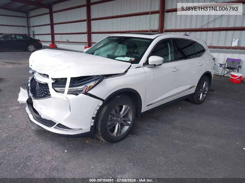 2022 Acura Mdx Standard VIN: 5J8YE1H31NL006793 Lot: 39785891