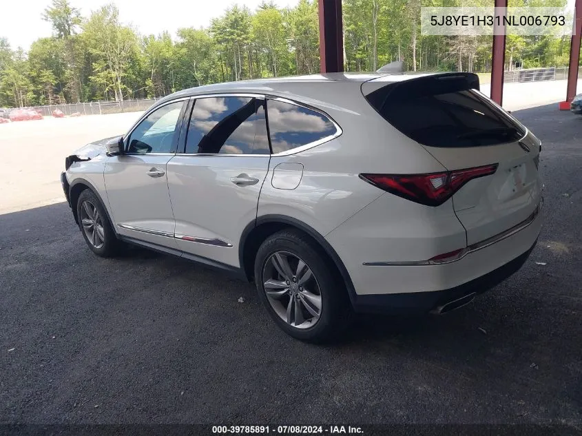 2022 Acura Mdx Standard VIN: 5J8YE1H31NL006793 Lot: 39785891