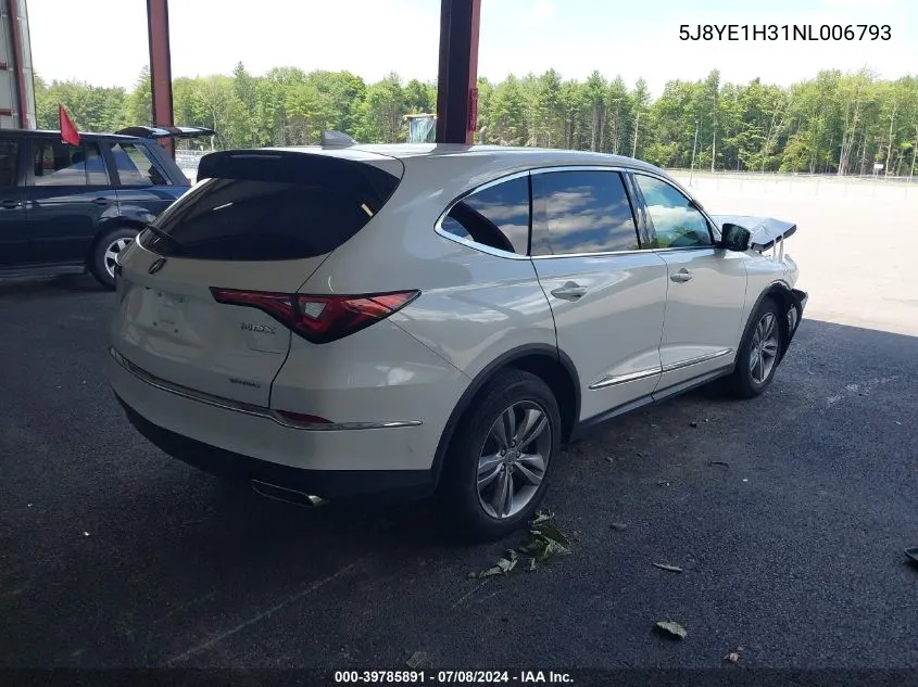 2022 Acura Mdx Standard VIN: 5J8YE1H31NL006793 Lot: 39785891