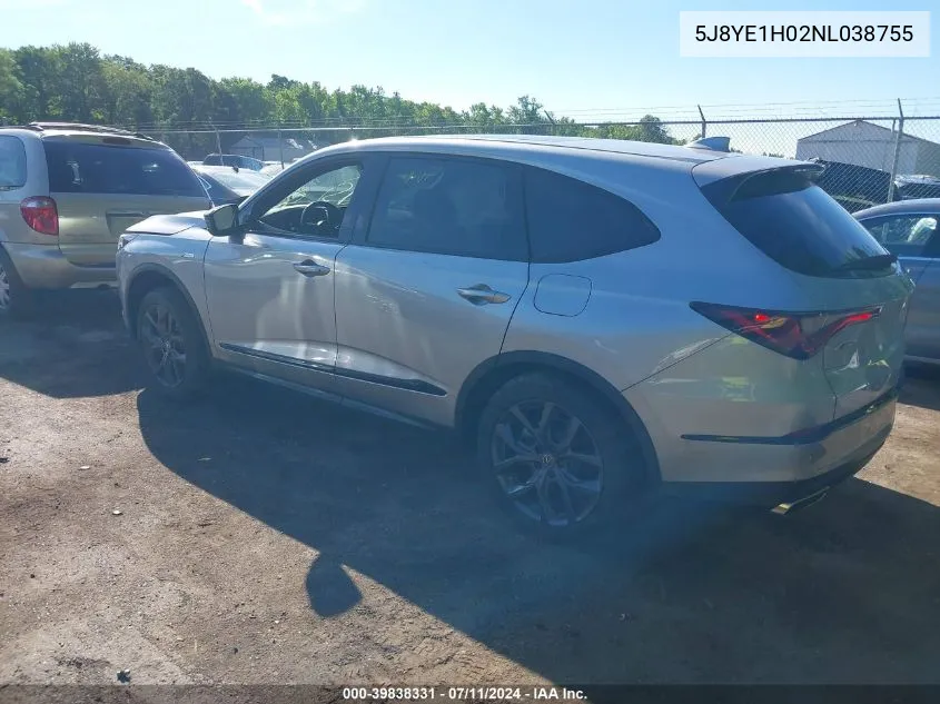 2022 Acura Mdx A-Spec Package VIN: 5J8YE1H02NL038755 Lot: 39838331