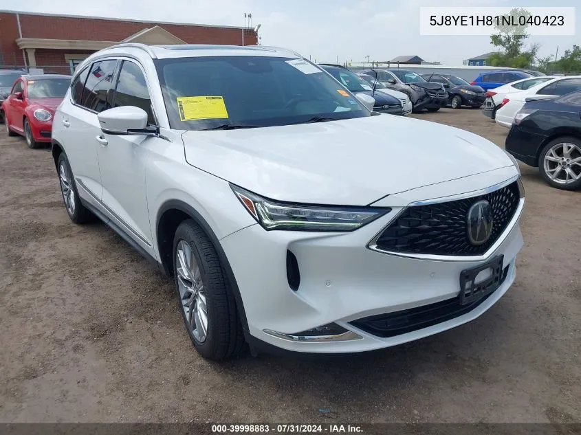 2022 Acura Mdx Advance Package VIN: 5J8YE1H81NL040423 Lot: 39998883