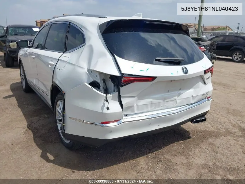 2022 Acura Mdx Advance Package VIN: 5J8YE1H81NL040423 Lot: 39998883