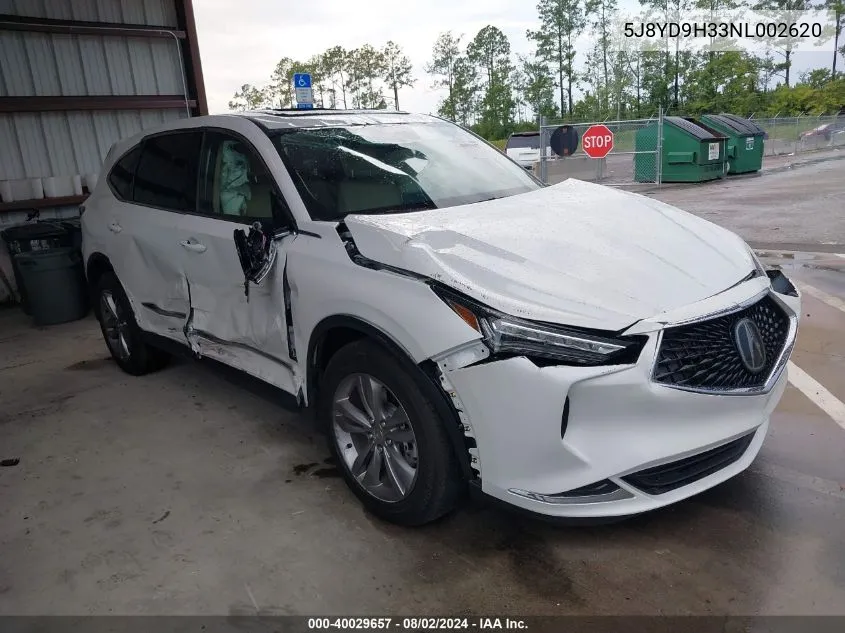 2022 Acura Mdx Standard VIN: 5J8YD9H33NL002620 Lot: 40029657