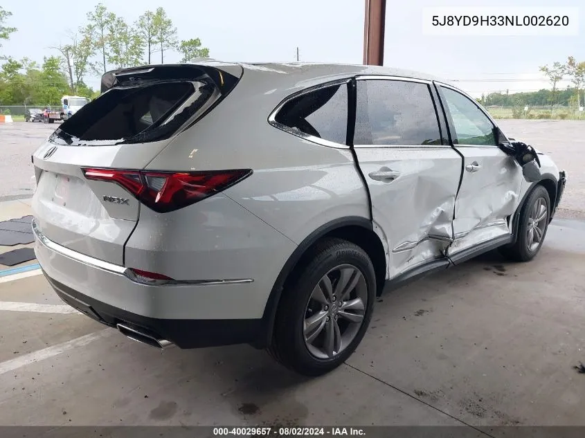 2022 Acura Mdx Standard VIN: 5J8YD9H33NL002620 Lot: 40029657