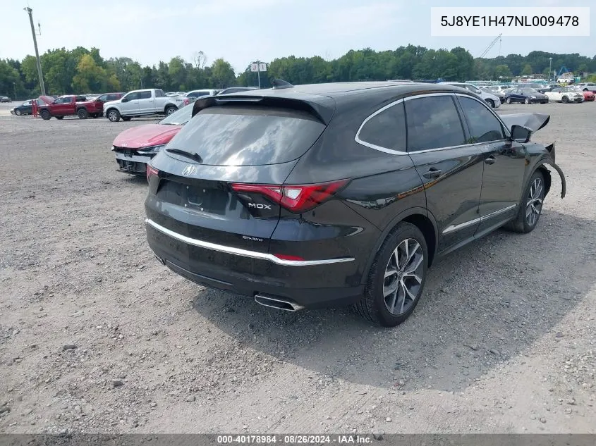 2022 Acura Mdx Technology Package VIN: 5J8YE1H47NL009478 Lot: 40178984