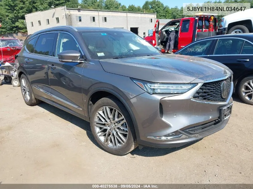 2022 Acura Mdx Advance Package VIN: 5J8YE1H84NL034647 Lot: 40275538