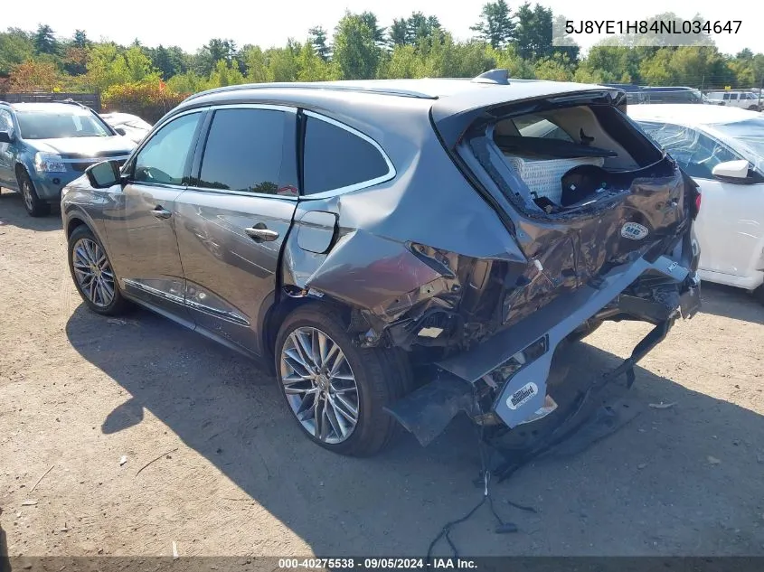 2022 Acura Mdx Advance Package VIN: 5J8YE1H84NL034647 Lot: 40275538