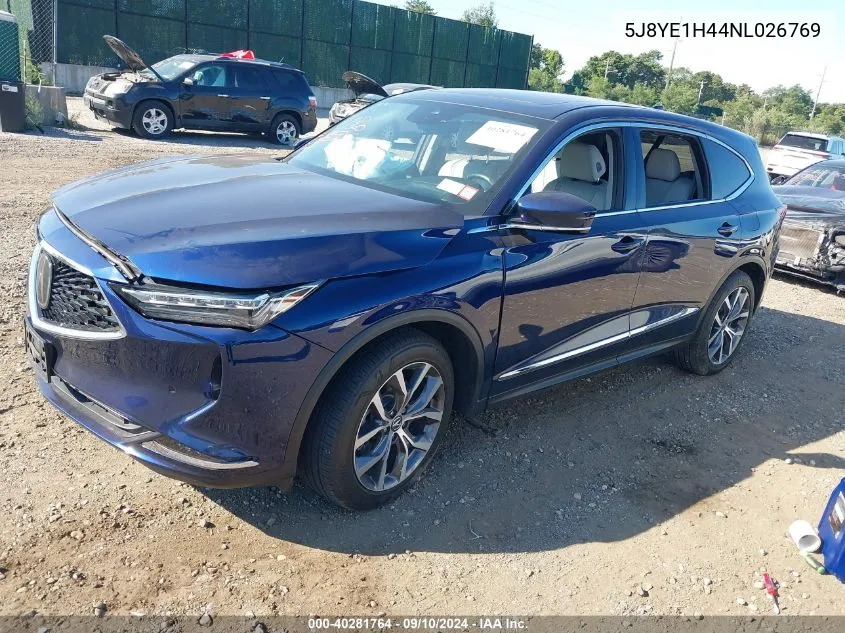 2022 Acura Mdx Technology VIN: 5J8YE1H44NL026769 Lot: 40281764