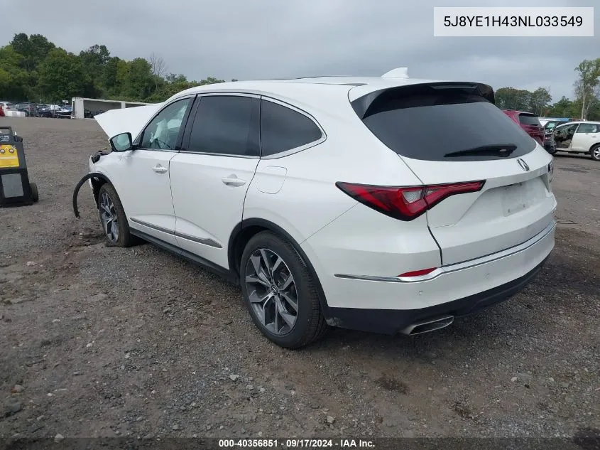 2022 Acura Mdx Technology Package VIN: 5J8YE1H43NL033549 Lot: 40356851