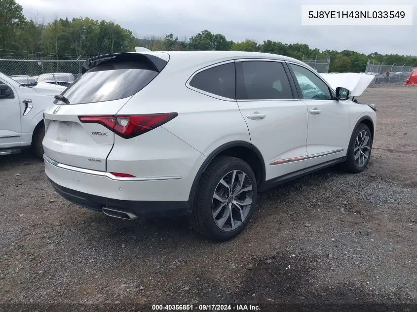 2022 Acura Mdx Technology Package VIN: 5J8YE1H43NL033549 Lot: 40356851