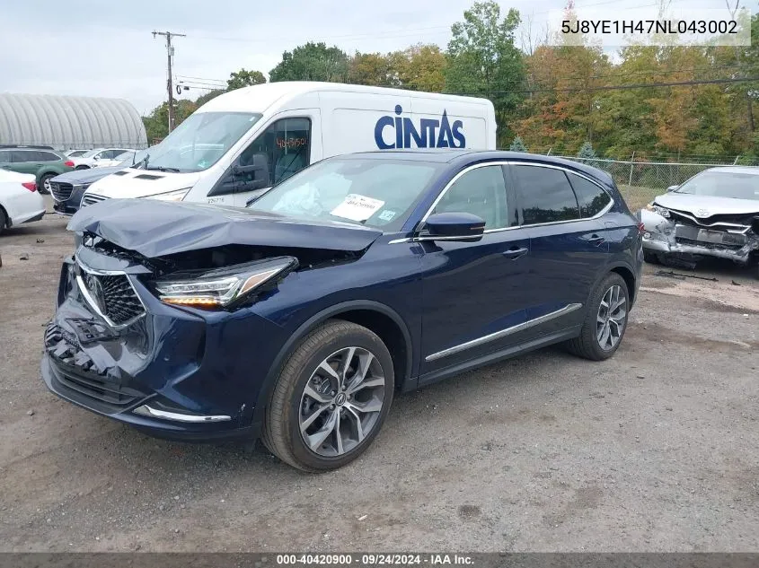 2022 Acura Mdx Technology Package VIN: 5J8YE1H47NL043002 Lot: 40420900