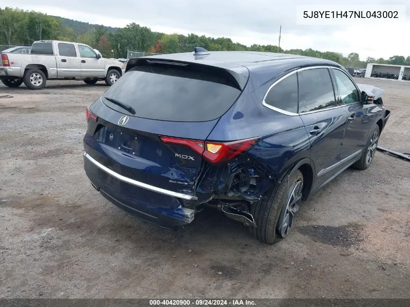 2022 Acura Mdx Technology Package VIN: 5J8YE1H47NL043002 Lot: 40420900